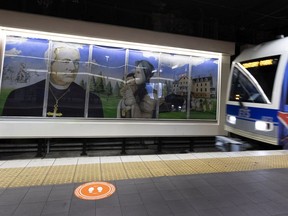 Edmonton city council voted unanimously in favour of the immediate removal of all namesakes to Bishop Vital-Justin Grandin including changing the name of the Grandin LRT Station and removing a mural, seen here, that depicts the residential school system.