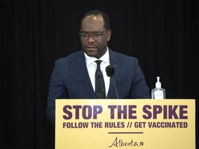 Minister of Justice and Solicitor General Kaycee Madu joins other provincial minister as they speak from Edmonton and Calgary on Wednesday, May 5, 2021, a recap of the new COVID-19 health measures being implemented in Alberta.