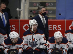 Edmonton Oilers coach Dave Tippett behind the bench during the first period in Toronto on Friday January 22, 2021.