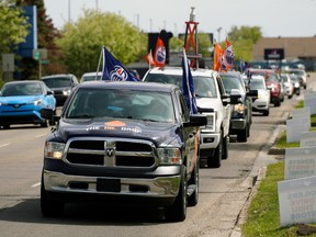 Edmonton Oiler fans held a game day rally and car parade in Edmonton on Sunday May 23, 2021, just before game 3 of the NHL Stanley Cup North Division playoff game between the Edmonton Oilers and Winnipeg Jets in Winnipeg. The Jets have a 2-0 game lead in the series going into the game. (Photo by Larry Wong/Postmedia)