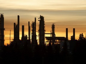 The Imperial Oil Strathcona Refinery is seen at sunrise in Edmonton, Alberta, on Friday, Oct. 27, 2017.