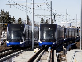 LRT trains sit parked on the under construction Valley Line LRT near 66 Street and 36A Avenue, in Edmonton on March 15, 2021.