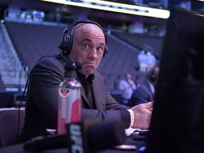 Announcer Joe Rogan reacts during UFC 249 at VyStar Veterans Memorial Arena on May 09, 2020 in Jacksonville, Florida.