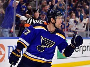 Blues left wing Jaden Schwartz (17) celebrates after scoring against the Winnipeg Jets during the second period at Enterprise Center in St. Louis on Dec. 29, 2019.