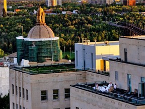 Kenney and some cabinet ministers on a patio in the Federal Building in Edmonton taken on June 1, 2021 between hours of 7:00pm and 10:00pm. From the top right is Jason Nixon, Minister of Environment & Parks, Government House Leader, Health Minister Tyler Shandro and with his back to the camera is Premier Jason Kenney.