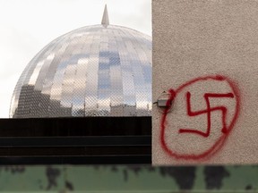 The Edmonton Police Service is investigating after a swastika was discovered spray painted on the Al-Hadi mosque in Edmonton on June 15, 2021.