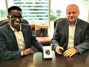 Lenica Research Group CEO and founder Simba Nyazika, left, and Health Gauge CEO Randy Duguay announced their partnership on Thursday, June 17, 2021.