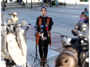 Amira Shousha, Alberta regional lead of the National Council of Canadian Muslims speaks before the Enough is Enough rally demanding action and protection for muslim women gathered in solidarity at Churchill Square in Edmonton, on Friday, June 25, 2021. Photo by Ian Kucerak