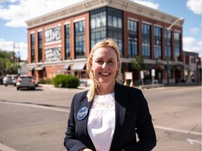 Mayoral candidate Kim Krushell poses for a photo outside The Grand on 124 Street in Edmonton, on Friday, June 25, 2021. Krushell is a former city councillor and current tech executive.
