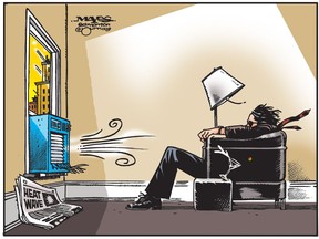'Blown away' icon trades speakers for air conditioning during heat wave. (Cartoon by Malcolm Mayes)