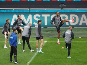 Denmark players takes part in a training session at the Johan Cruyff Arena in Amsterdam on June 25, 2021, on the eve of their UEFA Euro 2020 round of 16 football match against Wales.