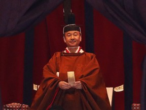 Japan's Emperor Naruhito attends a ceremony to proclaim his enthronement to the world, called Sokuirei-Seiden-no-gi, at the Imperial Palace on October 22, 2019 in Tokyo, Japan.