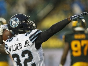 Toronto Argonauts running back James Wilder Jr. (32) celebrates a touchdown against the Edmonton Elks in this file photo taken at Commonwealth Stadium in Edmonton on July 13, 2018.