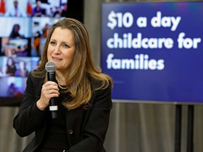 Canada's Finance Minister Chrystia Freeland talks to families virtually in Ottawa, Ontario, Canada, April 21, 2021.