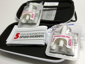 Narcan nasal spray, or Naloxone kit which is available to everyone with a health card in Ontario. Naloxone can quickly halt the effects of an opiod overdose.