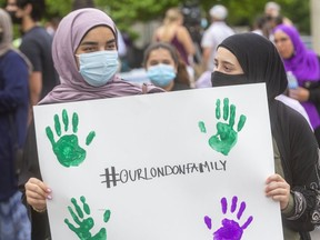 Mariam Boroot and Aya Abdul Hamid close friends of 15-year-old Yumnah Afzaal join the crowd outside the London Mosque in London, Ont. 


Mike Hensen/The London Free Press/Postmedia Network