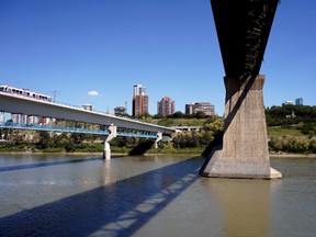 The North Saskatchewan River under the High Level Bridge in Edmonton on June 27, 2021.