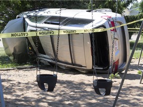 A seven-year-old boy was uninjured after taking the family's vehicle for a drive and colliding with parked vehicle and tree. The vehicle crashed into a playground near 115 Street and 148 Avenue, in Edmonton, Monday, June 28, 2021.