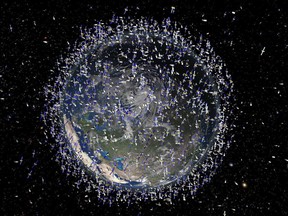 An artist's impression, released in 2011 by the European Sapce Agency, shows the debris field in low-Earth orbit, which extends to 2,000 kilometres above the Earth's surface.