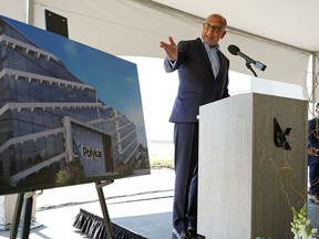 Amir Karim (Polykar Inc., President and CEO) speaks at a groundbreaking ceremony held at the plastic fabrication company's new Edmonton manufacturing facility site located at 9406-130 Street SW on Thursday July 8, 2021. Also in attendance were Don Iveson (Mayor of Edmonton) and Dale Nally (right, Alberta Associate Minister of Natural Gas and Electricity).