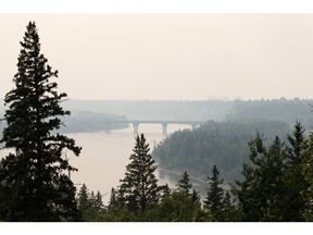 Wildfire smoke is seen from near Keillor Point during an air quality advisory due to wildfire smoke in Edmonton, on Thursday, July 15, 2021. Photo by Ian Kucerak