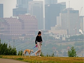 A girl walks her dog on Strathearn Crescent in Edmonton on Monday July 19, 2021. The air quality health index in the city was rated high risk and residents were advised to take precautions and stay indoors if possible.