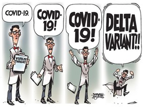 Scary rhetoric increases as Covid-19 threat decreases. (Cartoon by Malcolm Mayes)
