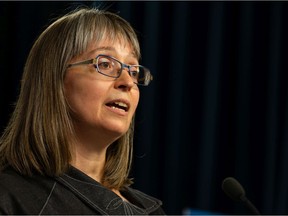 Alberta chief medical officer of health Dr. Deena Hinshaw gives a COVID-19 pandemic update from the media room at the Alberta Legislature in Edmonton, on Wednesday, July 28, 2021.