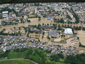 Aerial video grab view taken on July 15, 2021 from a video footages shows flooded properties, houses and landscapes after heavy rainfall and floods in Bad Neuenahr.