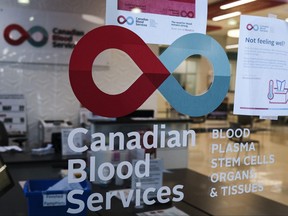 A blood donor clinic pictured at a shopping mall in Calgary, Friday, March 27, 2020.