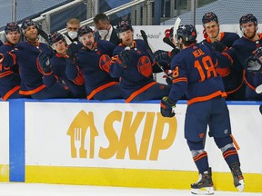 Edmonton Oilers forward James Neal (18) celebrates a goal against the Calgary Flames at Rogers Place on Apr 29, 2021.