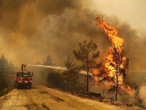 A firefighter extinguishes a forest fire near the town of Manavgat, east of the resort city of Antalya, Turkey, July 30, 2021.