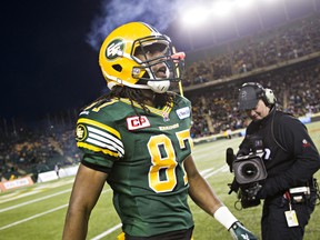 Edmonton's Derel Walker comes off the field during the Canadian Football League Western final between against the Calgary Stampeders at Commonwealth Stadium on Nov. 22, 2015.