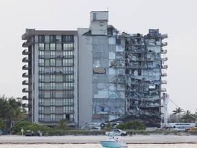 View of the partially collapsed residential building as rescue operations are stopped, in Surfside, Florida, U.S., July 4, 2021.