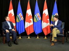 Canada's Prime Minister Justin Trudeau meets with Alberta Premier Jason Kenney, in Calgary, Alberta, Canada July 7, 2021.
