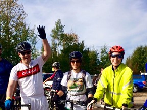 David Raborn, left, was in a coma for five months after a bike accident in 2011 and could neither speak nor stand when he began his recovery. On Sept. 11 he will again lead his team in the Glenrose Hospital’s Courage Ride for Rehab and loves this 2016 photo of the first fundraising ride and his friends did around Pigeon Lake with him. Riders pictured here, from left, are Raborn, Ashley Brosda and Sam Dehod.