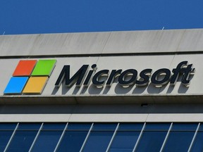 In this file photo a Microsoft logo adorns a building in Chevy Chase, Maryland on May 19, 2021.