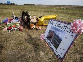 A memorial for Alex Ollington and Keithan Peters along Highway 21 north of Township Road 542, near Fort Saskatchewan Monday Sept. 21, 2020. The two teenagers were killed in a motor vehicle accident Sept. 17, 2020.