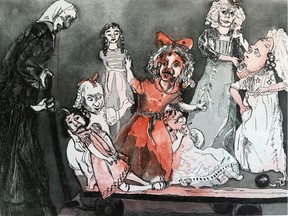 Lithograph of Paula Rego's Death Goes Shopping, up at Credo 104 though August.