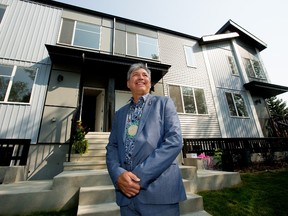 Cameron Alexis, CEO, Tribal Chiefs Ventures Inc. takes part in the official opening of a new Indigenous housing initiative in North Central Edmonton, Thursday Aug. 5, 2021. Tribal Chiefs Ventures Inc. will offer 32 units of affordable housing across four fourplexes, each with eight units. Rent for these units is set at 30 per cent of gross household income. Photo by David Bloom