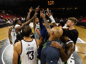 The Niagara River Lions celebrate the team’s 84-82 win over the Fraser Valley Bandits in their semi-final clash at Edmonton Expo Centre on Friday, Aug. 20, 2021.