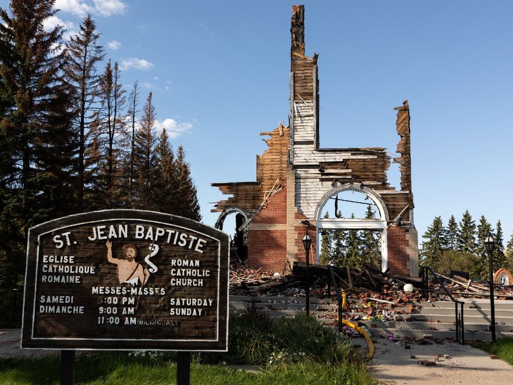 Damaged remains of St. Jean Baptiste Church in Morinville two months