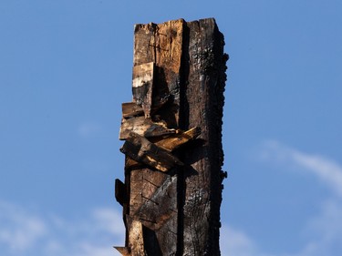 The fire damaged remnants of St. Jean Baptiste Church are seen in Morinville, north of Edmonton, on Wednesday, Aug. 25, 2021. The church burned down on June 30 and the fire is under investigation. Photo by Ian Kucerak