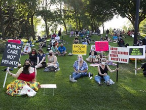 Hundreds of people gather at the Alberta Legislature for the ProtectOurProvince rally to protest the recent provincial removal of all COVID-19 restrictions. Taken on Wednesday, Aug. 4, 2021 in Edmonton.  Greg Southam-Postmedia