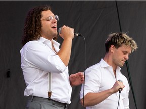 The Volare Tenors give a preview of their Fringe show on the outdoor stage at the 2021 Edmonton International Fringe Theatre Festival Edmonton on Monday, Aug. 16, 2021.