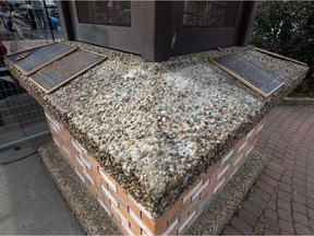 The remaining bronze plaques are seen at the Edmonton Firefighters Memorial at 10322 83 Ave. in Edmonton, on Monday, Aug. 16, 2021. The plaques are being removed and replaced with a more secure solution.