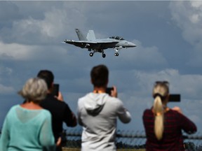 One of the two EA-18G Growlers does a touch and go on practice day on Friday, Aug. 20, 2021, for the Alberta International Airshow at the Villeneuve Airport Saturday and Sunday northwest of Edmonton.