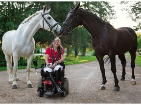 Edmonton-born Jody Schloss, a para-equestrian who will compete Friday in the Tokyo Paralympics, seen here with her two horses, Inspector Rebus, left, and Lieutenant Lobin. Schloss has ridden both horses in training but will compete on Lobin. She rode Rebus in the London 2012 Paralympics, but he developed a disease and was given medication banned in competition.