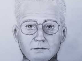 Blackfalds RCMP released a sketch of a suspect who allegedly asked a 7-year-old girl to get in his vehicle in Blackfalds on Aug. 9, 2021. He is described as having darker skin, brown eyes and glasses, and had an accent. The man was wearing a button-up blue shirt and driving a red SUV or pick up truck at the time. Supplied.