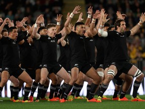 New Zealand players perform haka before the first rugby Test of Bledisloe Cup between the New Zealand and Australia at Eden Park in Auckland on Aug. 7, 2021.